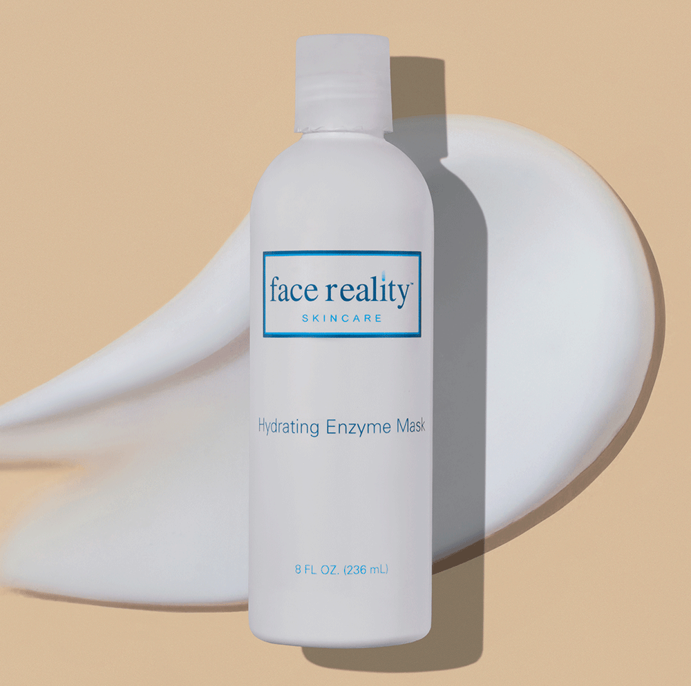 White bottle of hydrating enzyme mask 8 oz backbar with mask liquid displayed