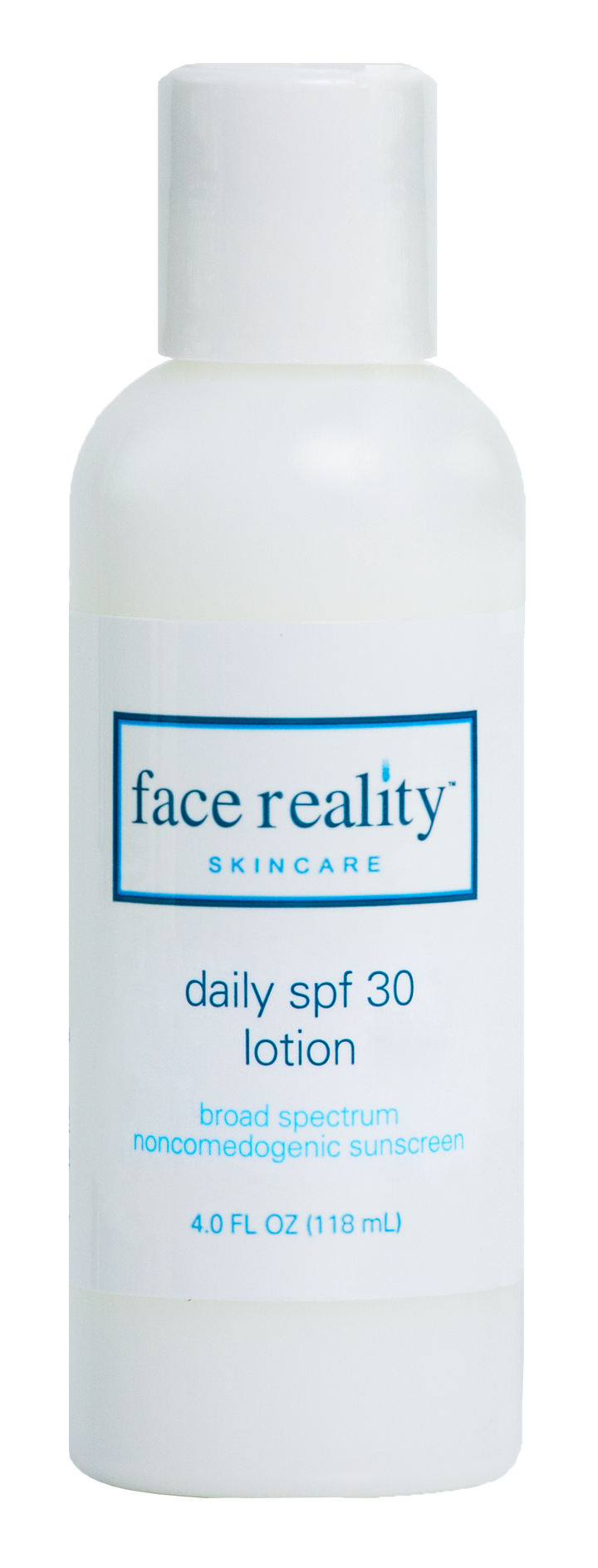 White bottle of Daily SPF30 Lotion broad spectrum noncomedogenic sunscreen 4 oz backbar